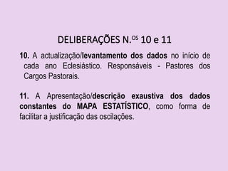 DELIBERAÇÕES N.OS
10 e 11
10. A actualização/levantamento dos dados no início de
cada ano Eclesiástico. Responsáveis - Pastores dos
Cargos Pastorais.
11. A Apresentação/descrição exaustiva dos dados
constantes do MAPA ESTATÍSTICO, como forma de
facilitar a justificação das oscilações.
 