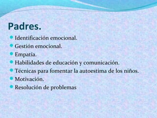 Padres.
Identificación emocional.
Gestión emocional.
Empatía.
Habilidades de educación y comunicación.
Técnicas para fomentar la autoestima de los niños.
Motivación.
Resolución de problemas
 