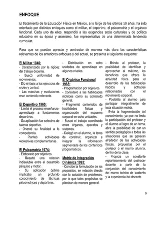 9
ENFOQUE
El tratamiento de la Educación Física en México, a lo largo de los últimos 50 años, ha sido
orientado por distintos enfoques como el militar, el deportivo, el psicomotriz y el orgánico
funcional. Cada uno de ellos, respondió a las exigencias socio culturales y de política
educativa en su época y asimismo, fue representativo de una determinada tendencia
curricular.
Para que se puedan apreciar y contrastar de manera más clara las características
relevantes de los anteriores enfoques y del actual, se presenta el siguiente esquema:
El Militar 1940:
- Caracterizado por la rigidez
del trabajo docente.
- Buscó uniformidad de
movimientos.
- Dio énfasis a los ejercicios de
orden y control.
- Las marchas y evoluciones
eran contenido relevante.
El Deportivo 1960:
- Limitó el proceso enseñanza-
aprendizaje a fundamentos
deportivos.
- Su aplicación fue selectiva de
talento deportivo.
- Orientó su finalidad a la
competencia.
- Planteó actividades
recreativas complementarias.
El Psicomotriz 1974:
- Elaborado por objetivos.
- Resaltó una relación
indisoluble entre el desarrollo
psíquico y motor.
- Su aplicación óptima
implicaba un profundo
conocimiento de técnicas
psicomotrices y deportivas.
- Distribución en ocho
unidades de aprendizaje en
algunos niveles.
El Orgánico Funcional
1988:
- Programación por objetivos.
- Consideró a las habilidades
motrices como su contenido
general.
- Fragmentó contenidos de
habilidades físicas y
organización del esquema
corporal en ocho unidades.
- Buscó el trabajo coordinado
entre órganos, aparatos y
sistemas.
- Delegó en el alumno, la tarea
de construir, organizar e
integrar la información
segmentada de los contenidos
programáticos.
Motriz de Integración
Dinámica 1993:
- Concibe la formulación de los
propósitos, en relación directa
con la solución de problemas,
por lo que tales propósitos se
plantean de manera general.
- Brinda al profesor, la
posibilidad de identificar y
aprovechar al máximo, los
beneficios que ofrece la
actividad física para el
desarrollo de las habilidades
hábitos y actitudes
relacionadas con el
movimiento corporal.
- Posibilita al alumno para
participar integralmente de
toda situación motriz.
- Evita la fragmentación del
conocimiento, ya que no limita
la participación del profesor y
el alumno al logro de un tema,
abre la posibilidad de dar un
sentido pedagógico a todas las
situaciones que se generan
alrededor de las actividades
físicas, propuestas por el
profesor o el mismo alumno,
dentro de la clase.
- Propicia un constante
replanteamiento del quehacer
docente a partir de la
conjunción del conocimiento
del marco teórico de sustento
y la experiencia del docente
 