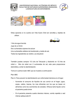 UNIVERSIDAD NACIONAL AUTÓNOMA DE MÉXICO
             FACULTAD DE ESTUDIOS SUPERIORES ZARAGOZA
                     LICENCIATURA EN ENFERMERÍA




Otras opciones si no cuenta con Vida Suero Oral son sencillas y rápidas de
     utilizar.




1 litro de agua hervida
Jugo de un limón
Dos cucharadas soperas de azúcar
Una cucharadita cafetera de bicarbonato y media de sal.
Todos los ingredientes se vierten y se disuelven




También puedes comprar 1/2 Litro de Tehuacán y disolverlo en 1/2 litro de
cidral o    1litro de cidral con 2 cucharadas de sal, esto para proporcionar
electrolitos y evitar la deshidratación.

Toma en cuenta el plan ABC que se muestra a continuación:

Plan ABC:

Plan A: Para prevenir la deshidratación por enfermedad diarreica en el hogar:

    Aumentar el consumo de líquidos de uso común en el hogar: jugos,
       sopas, caldos, tisanas, los mas eficientes son los que se basan en
       alimentos como los cocimientos de cereales. Ofrezca tanto liquido como
       el paciente pueda tomar

    Si el paciente presenta cuadro diarreico intenso, vomito repetido o sed
       intensa aplique plan B
 