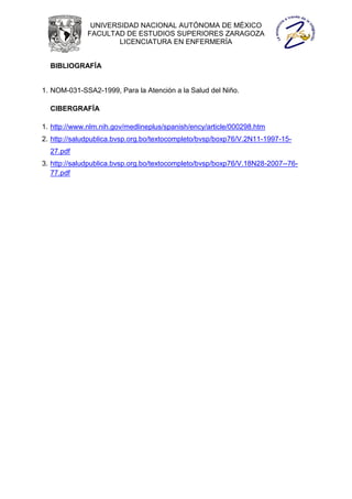 UNIVERSIDAD NACIONAL AUTÓNOMA DE MÉXICO
              FACULTAD DE ESTUDIOS SUPERIORES ZARAGOZA
                      LICENCIATURA EN ENFERMERÍA


  BIBLIOGRAFÍA


1. NOM-031-SSA2-1999, Para la Atención a la Salud del Niño.

  CIBERGRAFÍA

1. http://www.nlm.nih.gov/medlineplus/spanish/ency/article/000298.htm
2. http://saludpublica.bvsp.org.bo/textocompleto/bvsp/boxp76/V.2N11-1997-15-
  27.pdf
3. http://saludpublica.bvsp.org.bo/textocompleto/bvsp/boxp76/V.18N28-2007--76-
   77.pdf
 