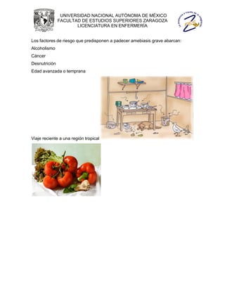 UNIVERSIDAD NACIONAL AUTÓNOMA DE MÉXICO
               FACULTAD DE ESTUDIOS SUPERIORES ZARAGOZA
                      LICENCIATURA EN ENFERMERÍA


Los factores de riesgo que predisponen a padecer amebiasis grave abarcan:
Alcoholismo
Cáncer
Desnutrición
Edad avanzada o temprana




Viaje reciente a una región tropical
 