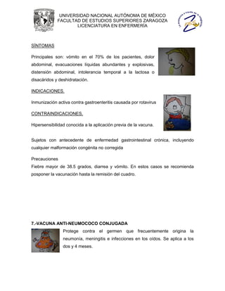 UNIVERSIDAD NACIONAL AUTÓNOMA DE MÉXICO
             FACULTAD DE ESTUDIOS SUPERIORES ZARAGOZA
                     LICENCIATURA EN ENFERMERÍA



SÍNTOMAS

Principales son: vómito en el 70% de los pacientes, dolor
abdominal, evacuaciones líquidas abundantes y explosivas,
distensión abdominal, intolerancia temporal a la lactosa o
disacáridos y deshidratación.

INDICACIONES.

Inmunización activa contra gastroenteritis causada por rotavirus

CONTRAINDICACIONES.

Hipersensibilidad conocida a la aplicación previa de la vacuna.


Sujetos con antecedente de enfermedad gastrointestinal crónica, incluyendo
cualquier malformación congénita no corregida

Precauciones
Fiebre mayor de 38.5 grados, diarrea y vómito. En estos casos se recomienda
posponer la vacunación hasta la remisión del cuadro.




7.-VACUNA ANTI-NEUMOCOCO CONJUGADA
                Protege contra el germen que frecuentemente origina la
                neumonía, meningitis e infecciones en los oídos. Se aplica a los
                dos y 4 meses.
 