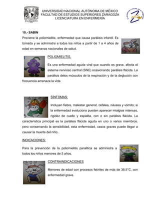 UNIVERSIDAD NACIONAL AUTÓNOMA DE MÉXICO
             FACULTAD DE ESTUDIOS SUPERIORES ZARAGOZA
                     LICENCIATURA EN ENFERMERÍA



10.- SABIN
Previene la poliomielitis, enfermedad que causa parálisis infantil. Es
tomada y se administra a todos los niños a partir de 1 a 4 años de
edad en semanas nacionales de salud.

                  POLIOMIELITIS.

                  Es una enfermedad aguda viral que cuando es grave, afecta el
                  sistema nervioso central (SNC) ocasionando parálisis flácida. La
                  parálisis delos músculos de la respiración y de la deglución con
frecuencia amenaza la vida




                    SÍNTOMAS:

                    Incluyen fiebre, malestar general, cefalea, náusea y vómito; si
                    la enfermedad evoluciona pueden aparecer mialgias intensas,
                    rigidez de cuello y espalda, con o sin parálisis flácida. La
característica principal es la parálisis flácida aguda en uno o varios miembros,
pero conservando la sensibilidad, esta enfermedad, casos graves puede llegar a
causar la muerte del niño.

INDICACIONES:

Para la prevención de la poliomielitis paralitica se administra a
todos los niños menores de 5 años.

                  CONTRAINDICACIONES

                  Menores de edad con procesos febriles de más de 38.5°C, con
                  enfermedad grave.
 