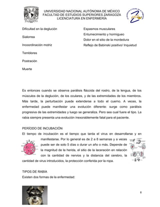UNIVERSIDAD NACIONAL AUTÓNOMA DE MÉXICO
               FACULTAD DE ESTUDIOS SUPERIORES ZARAGOZA
                       LICENCIATURA EN ENFERMERÍA


Dificultad en la deglución                   Espasmos musculares
                                             Entumecimiento y hormigueo
Sialorrea
                                             Dolor en el sitio de la mordedura
Incoordinación motriz                        Reflejo de Babinski positivo/ Inquietud

Temblores

Postración

Muerte




Es entonces cuando se observa parálisis fláccida del rostro, de la lengua, de los
músculos de la deglución, de los oculares, y de las extremidades de los miembros.
Más tarde, la perturbación puede extenderse a todo el cuerno. A veces, la
enfermedad puede manifestar una evolución diferente: surge como parálisis
progresiva de las extremidades y luego se generaliza. Pero sea cual fuere el tipo. La
rabia siempre presenta una evolución inexorablemente fatal para el paciente.


PERÍODO DE INCUBACIÓN
El tiempo de incubación es el tiempo que tarda el virus en desarrollarse y en
             manifestarse. Por lo general es de 2 a 8 semanas y a veces
             puede ser de solo 5 días o durar un año o más. Depende de
             la magnitud de la herida, el sitio de la laceración en relación
             con la cantidad de nervios y la distancia del cerebro, la
cantidad de virus introducidos, la protección conferida por la ropa.


TIPOS DE RABIA
Existen dos formas de la enfermedad:



                                                                                       8
 