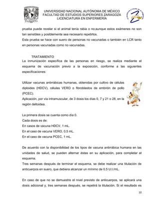 UNIVERSIDAD NACIONAL AUTÓNOMA DE MÉXICO
               FACULTAD DE ESTUDIOS SUPERIORES ZARAGOZA
                       LICENCIATURA EN ENFERMERÍA


prueba puede revelar si el animal tenía rabia o no;aunque estos exámenes no son
tan sensibles y posiblemente sea necesario repetirlos.
Esta prueba se hace con suero de personas no vacunadas o también en LCR tanto
en personas vacunadas como no vacunadas.


     TRATAMIENTO
La inmunización específica de las personas en riesgo, se realiza mediante el
esquema de vacunación previo a la exposición, conforme a las siguientes
especificaciones:


Utilizar vacunas antirrábicas humanas, obtenidas por cultivo de células
diploides (HDCV), células VERO o fibroblastos de embrión de pollo
(PCEC).
Aplicación, por vía intramuscular, de 3 dosis los días 0, 7 y 21 o 28, en la
región deltoidea.


La primera dosis se cuenta como día 0.
Cada dosis es de:
En casos de vacuna HDCV, 1 mL.
En el caso de vacuna VERO, 0.5 mL.
En el caso de vacuna PCEC, 1 mL.


De acuerdo con la disponibilidad de los tipos de vacuna antirrábica humana en las
unidades de salud, se pueden alternar éstas en su aplicación, para completar el
esquema.
Tres semanas después de terminar el esquema, se debe realizar una titulación de
anticuerpos en suero, que debiera alcanzar un mínimo de 0.5 U.I./mL.


En caso de que no se demuestre el nivel previsto de anticuerpos, se aplicará una
dosis adicional y, tres semanas después, se repetirá la titulación. Si el resultado es

                                                                                   10
 