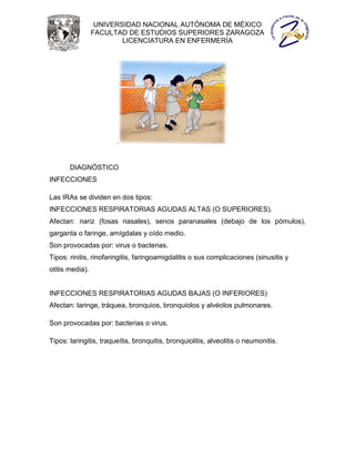 UNIVERSIDAD NACIONAL AUTÓNOMA DE MÉXICO
                 FACULTAD DE ESTUDIOS SUPERIORES ZARAGOZA
                         LICENCIATURA EN ENFERMERÍA




                        .


       DIAGNÓSTICO
INFECCIONES

Las IRAs se dividen en dos tipos:
INFECCIONES RESPIRATORIAS AGUDAS ALTAS (O SUPERIORES).
Afectan: nariz (fosas nasales), senos paranasales (debajo de los pómulos),
garganta o faringe, amígdalas y oído medio.
Son provocadas por: virus o bacterias.
Tipos: rinitis, rinofaringitis, faringoamigdalitis o sus complicaciones (sinusitis y
otitis media).


INFECCIONES RESPIRATORIAS AGUDAS BAJAS (O INFERIORES)
Afectan: laringe, tráquea, bronquios, bronquiolos y alvéolos pulmonares.

Son provocadas por: bacterias o virus.

Tipos: laringitis, traqueítis, bronquitis, bronquiolitis, alveolitis o neumonitis.
 