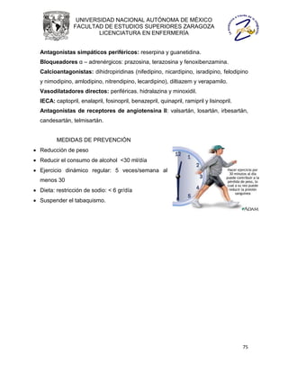 UNIVERSIDAD NACIONAL AUTÓNOMA DE MÉXICO
                FACULTAD DE ESTUDIOS SUPERIORES ZARAGOZA
                        LICENCIATURA EN ENFERMERÍA


  Antagonistas simpáticos periféricos: reserpina y guanetidina.
  Bloqueadores α – adrenérgicos: prazosina, terazosina y fenoxibenzamina.
  Calcioantagonistas: dihidropiridinas (nifedipino, nicardipino, isradipino, felodipino
  y nimodipino, amlodipino, nitrendipino, lecardipino), diltiazem y verapamilo.
  Vasodilatadores directos: periféricas. hidralazina y minoxidil.
  IECA: captopril, enalapril, fosinopril, benazepril, quinapril, ramipril y lisinopril.
  Antagonistas de receptores de angiotensina II: valsartán, losartán, irbesartán,
  candesartán, telmisartán.


         MEDIDAS DE PREVENCIÓN
 Reducción de peso
 Reducir el consumo de alcohol <30 ml/día
 Ejercicio dinámico regular: 5 veces/semana al
  menos 30
 Dieta: restricción de sodio: < 6 gr/día
 Suspender el tabaquismo.




                                                                                          75
 