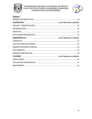 UNIVERSIDAD NACIONAL AUTÓNOMA DE MÉXICO
                       FACULTAD DE ESTUDIOS SUPERIORES ZARAGOZA
                               LICENCIATURA EN ENFERMERÍA


ÍNDICE
MOMENTOS DIDÁCTICOS.......................................................................................................... 80
A)APERTURA ................................................................................... ¡Error! Marcador no definido.
SALUDO Y PRESENTACIÓN ...................................................................................................... 80
INTRODUCCIÓN ............................................................................................................................ 80
OBJETIVO ....................................................................................................................................... 81
EVALUACIÓN DIAGNOSTICA .................................................................................................... 81
B)DESARROLLO.............................................................................. ¡Error! Marcador no definido.
CONCEPTO .................................................................................................................................... 82
LOS FACTORES DE RIESGO:.................................................................................................... 82
MANIFESTACIONES CLÍNICAS ................................................................................................. 86
TRATAMIENTO .............................................................................................................................. 89
MEDIDAS PREVENTIVAS............................................................................................................ 90
C)CIERRE .......................................................................................... ¡Error! Marcador no definido.
CONCLUSIÓN ................................................................................................................................ 95
EVALUACIÓN DIAGNÓSTICA .................................................................................................... 95
BIBLIOGRAFÍA ............................................................................................................................... 96




                                                                                                                                               79
 