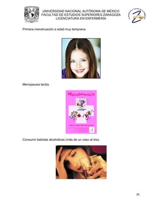 UNIVERSIDAD NACIONAL AUTÓNOMA DE MÉXICO
            FACULTAD DE ESTUDIOS SUPERIORES ZARAGOZA
                    LICENCIATURA EN ENFERMERÍA


Primera menstruación a edad muy temprana.




Menopausia tardía.




Consumir bebidas alcohólicas (más de un vaso al día).




                                                        85
 