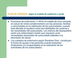 PLAN DE CUIDADOS  según el modelo de suplencia y ayuda Funciones de enfermería ===♥ En el modelo de Oren consiste en actuar de modo complementario con las personas, familias y comunidades en la realización de los autocuidados, cuando está alterado el equilibrio entre las habilidades de cuidarse y las necesidades del autocuidado. Los motivos del desequilibrio serán una enfermedad o lesión que requieran unas necesidades adicionales de autocuidado (debidos a la desviación de salud). Los cuidados de enfermería según Dorothea Oren  constituyen la forma de ayudar a las personas cuando presentan limitaciones y/o incapacidades en la realización de las actividades de los autocuidados.
