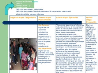 Dominio 4 Actividad/ReposoClase 2Código: 00108     yCódigo 00109Déficit del autocuidado : baño/higiene Déficit del autocuidado: Vestido acicalamiento de los pacientes  relacionado  a la enfermedad y  patrones culturales