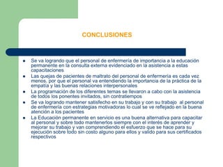 CONCLUSIONESSe va logrando que el personal de enfermería de importancia a la educación permanente en la consulta externa evidenciado en la asistencia a estas capacitacionesLas quejas de pacientes de maltrato del personal de enfermería es cada vez menos, por que el personal va entendiendo la importancia de la práctica de la empatía y las buenas relaciones interpersonalesLa programación de los diferentes temas se llevaron a cabo con la asistencia de todos los ponentes invitados, sin contratiemposSe va logrando mantener satisfecho en su trabajo y con su trabajo  al personal de enfermería con estrategias motivadoras lo cual se ve reflejado en la buena atención a los pacientes La Educación permanente en servicio es una buena alternativa para capacitar al personal y sobre todo mantenerlos siempre con el interés de aprender y mejorar su trabajo y van comprendiendo el esfuerzo que se hace para su ejecución sobre todo sin costo alguno para ellos y valido para sus certificados  respectivos 