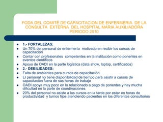 FODA DEL COMITÉ DE CAPACITACION DE ENFERMERIA  DE LA CONSULTA  EXTERNA  DEL HOSPITAL MARIA AUXILIADORAPERIODO 20101.- FORTALEZAS:Un 70% del personal de enfermería  motivado en recibir los cursos de capacitaciónContar con profesionales  competentes en la institución como ponentes en eventos científicosApoyo de OADI en la parte logística (data show, laptop, certificados)2.- DEBILIDADES:Falta de ambientes para cursos de capacitaciónEl personal no tiene disponibilidad de tiempo para asistir a cursos de capacitación fuera de sus horas de trabajoOADI apoya muy poco en lo relacionado a pago de ponentes y hay mucha dificultad en la parte de coordinaciones 20% del personal no asiste a los cursos en la tarde por estar en horas de productividad  y turnos fijos atendiendo pacientes en los diferentes consultorios 