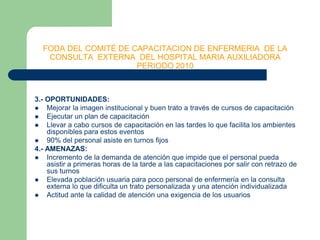 FODA DEL COMITÉ DE CAPACITACION DE ENFERMERIA  DE LA CONSULTA  EXTERNA  DEL HOSPITAL MARIA AUXILIADORAPERIODO 20103.- OPORTUNIDADES:Mejorar la imagen institucional y buen trato a través de cursos de capacitaciónEjecutar un plan de capacitaciónLlevar a cabo cursos de capacitación en las tardes lo que facilita los ambientes disponibles para estos eventos90% del personal asiste en turnos fijos 4.- AMENAZAS:Incremento de la demanda de atención que impide que el personal pueda asistir a primeras horas de la tarde a las capacitaciones por salir con retrazo de sus turnos Elevada población usuaria para poco personal de enfermería en la consulta externa lo que dificulta un trato personalizada y una atención individualizada Actitud ante la calidad de atención una exigencia de los usuarios 