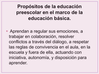 Propósitos de la educación
preescolar en el marco de la
educación básica.
 Aprendan a regular sus emociones, a
trabajar en colaboración, resolver
conflictos a través del diálogo, a respetar
las reglas de convivencia en el aula, en la
escuela y fuera de ella, actuando con
iniciativa, autonomía, y disposición para
aprender.
 