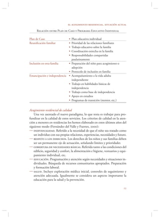 el acogimiento residencial. situación actual

      Relación entre Plan de Caso y Programa Educativo Individual

Plan de Caso                    •   Plan educativo individual
Reuniﬁcación familiar           •   Prioridad de las relaciones familiares
                                •   Trabajo educativo sobre la familia
                                •   Coordinación estrecha en la familia
                                •   Responsabilidades compartidas
                                    paulatinamente
Inclusión en otra familia       •   Preparación del niño para acogimiento o
                                    adopción
                             •      Protocolo de inclusión en familia
Emancipación e independencia •      Acompañamiento a la vida adulta
                                    independiente
                                •   Trabajo en habilidades básicas de
                                    independencia
                                •   Trabajo como base de independencia
                                •   Apoyo en estudios
                                •   Programas de transición (mentor, etc.)


Acogimiento residencial de calidad
   Una vez asentado el nuevo paradigma, lo que resta es trabajar para pro-
fundizar en la calidad de estos servicios. Los criterios de calidad en la aten-
ción a menores en residencias los hemos elaborado en estos últimos años del
siguiente modo (Fernández del Valle y Fuertes, 2000):
 individualidad. Referido a la necesidad de que el niño sea tratado como
   un individuo con sus propias relaciones, experiencias, necesidades y futuro.
 respeto a los derechos. Los derechos de los niños y sus familias deben
   ser un permanente eje de actuación, señalando limites y prioridades
 cobertura de necesidades básicas. Referida tanto a las condiciones del
   ediﬁcio, seguridad y confort, la alimentación e higiene, vestuarios y equi-
   pamiento individual, etc.
 educación. Programación y atención según necesidades y situaciones in-
   dividuales. Búsqueda de recursos comunitarios apropiados. Preparación
   y formación laboral.
 salud. Incluye exploración médica inicial, controles de seguimiento y
   atención adecuada. Igualmente se considera un aspecto importante la
   educación para la salud y la prevención.

                                                                              
 