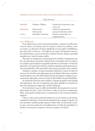 programa de educación sexual para los centros menores de asturias

                                Tabla resumen

Identidad        Hombres / Mujeres           Sentimiento de pertencia a uno
                                             u otro sexo
Orientación      Homosexual /                Tendencia mayoritaria de
                 Heterosexual                orientación del deseo erótico
Género           Masculino / Femenino        Patrones conductuales, de
                                             comportamiento…

4.1.2. Adolescencia
    En la adolescencia se hacen más pronunciadas y evidentes las diferencias
entre los chicos y las chicas, tanto en cuanto se inician los cambios, como
en cuanto a su duración. El único signiﬁcado de esta amplia variabilidad es
que cada cual «es como es». A lo largo de esta etapa vital aparecen numero-
sos cambios físicos, nuevas sensaciones, cambios internos, surge la capacidad
reproductora y todo el cuerpo cambia.
    Hay quien se avergüenza y se preocupa por los cambios; es importante que
los y las educadoras transmitan, además de los contenidos sobre el cuerpo y
sus cambios, que los placeres no guardan relación con el tamaño o el ritmo de
desarrollo. Las expectativas sobre los cambios corporales pueden generar mu-
chas incertidumbres. Hay que hablar antes de que preocupen estos cambios.
    También se produce un gran desarrollo intelectual; a partir de ahora lo
nuevo se irá viviendo como algo propio que irá dando coherencia y sentido a
todas las demás cosas. De ahí la importancia de anticiparse y trabajar con co-
nocimientos adecuados, tener en cuenta la diversidad y las particularidades.
    Su mundo de relaciones sufre cambios y el grupo de iguales toma el papel
más importante. Por esto es importante que sepan defender sus criterios sin
que esto suponga que tengan que excluirse del grupo.
    Es el momento en que se ratiﬁca la identidad y desean parecerse a sus mo-
delos ideales de chico y chica. Para llevar a cabo este proceso es importante
haber comenzado el trabajo antes y no plantearlo en este momento desde la
urgencia.
    Chicos y chicas ponen especial empeño en ser uno mismo o una misma,
tratando de reaﬁrmarse y buscando la aprobación de su grupo de iguales. En
este momento también pueden aparecer dudas sobre su orientación sexual.
Lo que a veces les sucede a los y las adolescentes es la falta de seguridad en sí
mismo, en conocerse y aceptarse, conocer y aceptar a los demás.


 