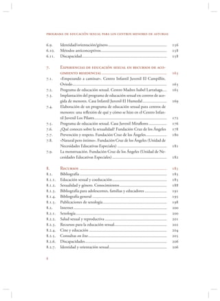 programa de educación sexual para los centros menores de asturias

..     Identidad/orientación/género ........................................................                
..    Métodos anticonceptivos ...............................................................              
..    Discapacidad .................................................................................       

.       Experiencias de educación sexual en recursos de aco-
         gimiento residencial ..............................................................                  
..     «Empezando a caminar». Centro Infantil Juvenil El Campillín.
         Oviedo ..........................................................................................    
..     Programa de educación sexual. Centro Madres Isabel Larrañaga ....                                    
..     Implantación del programa de educación sexual en centros de aco-
         gida de menores. Casa Infantil Juvenil El Humedal .......................                            
..     Elaboración de un programa de educación sexual para centros de
         menores: una reﬂexión de qué y cómo se hizo en el Centro Infan-
         til Juvenil Los Pilares .....................................................................        
..     Programa de educación sexual. Casa Juvenil Miraﬂores .................                               
..     ¿Qué conoces sobre la sexualidad? Fundación Cruz de los Ángeles                                      
..     Prevención y respeto. Fundación Cruz de los Ángeles ....................                             
..     «Natural pero íntimo». Fundación Cruz de los Ángeles (Unidad de
         Necesidades Educativas Especiales) ...............................................                   
..     La menstruación. Fundación Cruz de los Ángeles (Unidad de Ne-
         cesidades Educativas Especiales) ....................................................                

.       Recursos ...................................................................................         
..     Bibliografía ...................................................................................     
...   Educación sexual y coeducación ....................................................                  
...   Sexualidad y género. Conocimientos .............................................                     
...   Bibliografía para adolescentes, familias y educadores .....................                          
...   Bibliografía general .......................................................................         
...   Publicaciones de sexología .............................................................             
..     Internet .........................................................................................   
...   Sexología .......................................................................................    
...   Salud sexual y reproductiva ...........................................................              
...   Recursos para la educación sexual..................................................                  
...   Cine y educación ..........................................................................          
...   Consultas on line ...........................................................................        
...   Discapacidades ..............................................................................        
...   Identidad y orientación sexual .......................................................               


 
