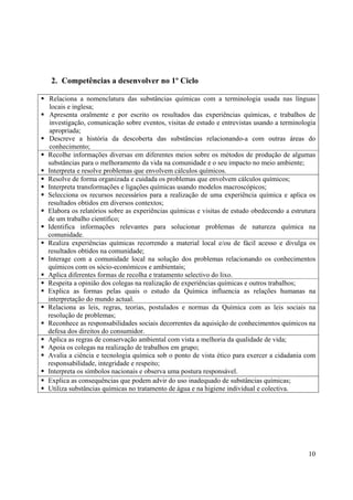 10
2. Competências a desenvolver no 1º Ciclo
ƒ Relaciona a nomenclatura das substâncias químicas com a terminologia usada nas línguas
locais e inglesa;
ƒ Apresenta oralmente e por escrito os resultados das experiências químicas, e trabalhos de
investigação, comunicação sobre eventos, visitas de estudo e entrevistas usando a terminologia
apropriada;
ƒ Descreve a história da descoberta das substâncias relacionando-a com outras áreas do
conhecimento;
ƒ Recolhe informações diversas em diferentes meios sobre os métodos de produção de algumas
substâncias para o melhoramento da vida na comunidade e o seu impacto no meio ambiente;
ƒ Interpreta e resolve problemas que envolvem cálculos químicos.
ƒ Resolve de forma organizada e cuidada os problemas que envolvem cálculos químicos;
ƒ Interpreta transformações e ligações químicas usando modelos macroscópicos;
ƒ Selecciona os recursos necessários para a realização de uma experiência química e aplica os
resultados obtidos em diversos contextos;
ƒ Elabora os relatórios sobre as experiências químicas e visitas de estudo obedecendo a estrutura
de um trabalho científico;
ƒ Identifica informações relevantes para solucionar problemas de natureza química na
comunidade.
ƒ Realiza experiências químicas recorrendo a material local e/ou de fácil acesso e divulga os
resultados obtidos na comunidade;
ƒ Interage com a comunidade local na solução dos problemas relacionando os conhecimentos
químicos com os sócio-económicos e ambientais;
ƒ Aplica diferentes formas de recolha e tratamento selectivo do lixo.
ƒ Respeita a opinião dos colegas na realização de experiências químicas e outros trabalhos;
ƒ Explica as formas pelas quais o estudo da Química influencia as relações humanas na
interpretação do mundo actual.
ƒ Relaciona as leis, regras, teorias, postulados e normas da Química com as leis sociais na
resolução de problemas;
ƒ Reconhece as responsabilidades sociais decorrentes da aquisição de conhecimentos químicos na
defesa dos direitos do consumidor.
ƒ Aplica as regras de conservação ambiental com vista a melhoria da qualidade de vida;
ƒ Apoia os colegas na realização de trabalhos em grupo;
ƒ Avalia a ciência e tecnologia química sob o ponto de vista ético para exercer a cidadania com
responsabilidade, integridade e respeito;
ƒ Interpreta os símbolos nacionais e observa uma postura responsável.
ƒ Explica as consequências que podem advir do uso inadequado de substâncias químicas;
ƒ Utiliza substâncias químicas no tratamento de água e na higiene individual e colectiva.
 