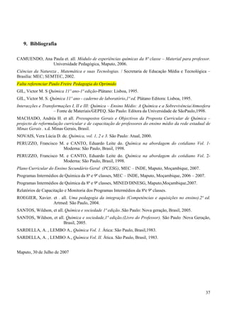 37
9. Bibliografia
CAMUENDO, Ana Paula et. all. Módulo de experiências químicas da 8ª classe – Material para professor.
Universidade Pedagógica, Maputo, 2006.
Ciências da Natureza , Matemática e suas Tecnologias. / Secretaria de Educação Média e Tecnológica –
Brasília: MEC; SEMTEC, 2002.
Falta referenciar Paulo Freire Pedagogia do Oprimido
GIL, Victor M. S Química 11º ano-1ª edição-Plátano: Lisboa, 1995.
GIL, Victor M. S. Química 11º ano - caderno de laboratório,1ª ed. Plátano Editora: Lisboa, 1995.
Interacções e Transformações I, II e III: Química – Ensino Médio: A Química e a Sobrevivência/Atmosfera
– Fonte de Materiais/GEPEQ. São Paulo: Editora da Universidade de SãoPaulo,1998.
MACHADO, Andréa H. et all. Pressupostos Gerais e Objectivos da Proposta Curricular de Química –
projecto de reformulação curricular e de capacitação de professores do ensino médio da rede estadual de
Minas Gerais . s.d. Minas Gerais, Brasil.
NOVAIS, Vera Lúcia D. de. Química, vol. 1, 2 e 3. São Paulo: Atual, 2000.
PERUZZO, Francisco M. e CANTO, Eduardo Leite do. Química na abordagem do cotidiano Vol. 1-
Moderna: São Paulo, Brasil, 1998.
PERUZZO, Francisco M. e CANTO, Eduardo Leite do. Química na abordagem do cotidiano Vol. 2-
Moderna: São Paulo, Brasil, 1998.
Plano Curricular do Ensino Secundário Geral (PCESG), MEC – INDE, Maputo, Moçambique, 2007.
Programas Intermédios de Química da 8ª e 9ª classes, MEC – INDE, Maputo, Moçambique, 2006 – 2007.
Programas Intermédios de Química da 8ª e 9ª classes, MINED/DINESG, Maputo,Moçambique,2007.
Relatórios de Capacitação e Monitoria dos Programas Intermédios da 8ªe 9ª classes.
ROEGIER, Xavier. et . all. Uma pedagogia da integração (Competências e aquisições no ensino).2ª ed.
Artmed: São Paulo, 2004.
SANTOS, Wildson, et all. Química e sociedade 1ª edição..São Paulo: Nova geração, Brasil, 2005.
SANTOS, Wildson, et all. Química e sociedade,1ª edição.(Livro do Professor). São Paulo :Nova Geração,
Brasil, 2005.
SARDELLA, A. , LEMBO A., Química Vol. 1. Ática: São Paulo, Brasil,1983.
SARDELLA, A. , LEMBO A., Química Vol. II. Ática. São Paulo, Brasil, 1983.
Maputo, 30 de Julho de 2007
 