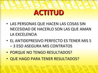 ACTITUD LAS PERSONAS QUE HACEN LAS COSAS SIN NECESIDAD DE HACERLO SON LAS QUE AMAN LA EXCELENCIA EL ANTIDEPRESIVO PERFECTO ES TENER MIS 5 – 3 ESO ASEGURA MIS CONTRATOS  PORQUE NO TENGO RESULTADOS? QUE HAGO PARA TENER RESULTADOS? 