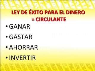 LEY DE ÉXITO PARA EL DINERO  = CIRCULANTE GANAR GASTAR AHORRAR INVERTIR 