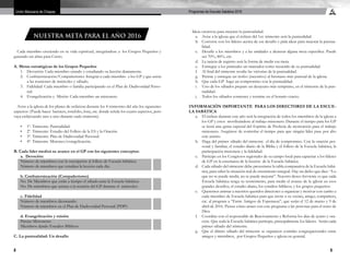 8 9
Programas de Escuela Sabática 2016Unión Mexicana de Chiapas
Cada miembro creciendo en su vida espiritual, integrándose a los Grupos Pequeños y
ganando un alma para Cristo.
A. Metas estratégicas de los Grupos Pequeños
1.	 Devoción: Cada miembro orando y estudiando su lección diariamente.
2.	 Confraternización/Compañerismo: Integrar a cada miembro a los GP y que asista
a las reuniones de miércoles y sábado.
3.	 Fidelidad: Cada miembro o familia participando en el Plan de Dadivosidad Perso-
nal.
4.	 Evangelización y Misión: Cada miembro un misionero.
Avise a la iglesia de los planes de enfatizar durante los 4 trimestres del año los siguientes
aspectos: (Puede hacer banners, rotafolio, lona, etc. donde señale los cuatro aspectos, pero
vaya enfatizando uno a uno durante cada trimestre).
•	 1º. Trimestre: Puntualidad.  
•	 2º. Trimestre: Estudio del Folleto de la ES y la Oración.
•	 3º. Trimestre: Plan de Dadivosidad Personal.
•	 4º. Trimestre. Misiones/evangelización.
B. Cada líder medirá su avance en el GP con los siguientes conceptos:
a. Devoción:
Número de miembros con la suscripción al folleto de Escuela Sabática: 	
Número de miembros que estudian la lección cada día: 	
b. Confraternización (Compañerismo)
No. De Miembros que están a tiempo el sábado para la Escuela Sabática: 	
No. De miembros que asisten a la reunión del GP durante el miércoles: 	
c. Fidelidad
Número de miembros diezmando: 	
Número de miembros en el Plan de Dadivosidad Personal (PDP): 	
d. Evangelización y misión
Parejas Misioneras: 	
Miembros dando Estudios Bíblicos: 	
C. La puntualidad: Un desafío
NUESTRA META PARA EL AÑO 2016
Ideas creativas para mejorar la puntualidad:
a.	 Avise a la iglesia que el énfasis del 1er. trimestre será la puntualidad.
b.	 Converse con los líderes acerca de ese desafío y pida ideas para mejorar la puntua-
lidad.  
c.	 Desafíe a los miembros y a las unidades a alcanzar alguna meta específica. Puede
ser 70%, 80%, etc.  
d.	 La tarjeta de registro será la forma de medir esa meta.  
e.	 Entregue a los puntuales un marcador como recuerdo de su puntualidad.  
f.	 Al final del trimestre resalte las victorias de la puntualidad.  
g.	 Premie y entregue un trofeo (incentivo) al hermano más puntual de la iglesia.  
h.	 Que cada GP haga un compromiso con la puntualidad.  
i.	 Uno de los sábados prepare un desayuno más temprano, en el trimestre de la pun-
tualidad.  
j.	 Todos los sábados comience y termine en el horario exacto.  
INFORMACIÓN IMPORTANTE PARA LOS DIRECTORES DE LA ESCUE-
LA SABÁTICA
a.	 El énfasis durante este año será la integración de todos los miembros de la iglesia a
los GP y estos movilizándose al trabajo misionero. Durante el tiempo para los GP
se leerá una gema especial del Espíritu de Profecía de motivación para el trabajo
misionero. Asegúrese de controlar el tiempo para que ningún líder pase por alto
este asunto.
b.	 Haga del primer sábado del trimestre el día de compromiso. Con la oración per-
sonal y familiar, el estudio diario de la Biblia y el folleto de la Escuela Sabática, la
participación misionera y la fidelidad.
c.	 Participe en los Congresos regionales de su campo local para capacitar a los líderes
de GP en la enseñanza de la lección de la Escuela Sabática.  
d.	 Cada sábado del trimestre debe presentarse la tabla comparativa de la Escuela Sabá-
tica, para saber la situación real de crecimiento integral. Hay un dicho que dice: “Lo
que no se puede medir, no se puede mejorar”. Nuestro deseo ferviente es que cada
Escuela Sabática tenga su termómetro, para medir el avance de la iglesia en esos
grandes desafíos, el estudio diario, los estudios bíblicos, y los grupos pequeños.
e.	 Queremos animar a nuestros queridos directores a organizar y motivar con cariño a
cada miembro de Escuela Sabática para que invite a su vecino, amigo, compañero,
etc. al program a “Entre Amigos de Esperanza”, que serán el 12 de marzo y 9 de
abril de 2016. Piense cómo atraer con este programa a las personas para el reino de
Dios.  
f.	 Coordine con el responsable de Reavivamiento y Reforma los días de ayuno y ora-
ción. Que toda la Escuela Sabática participe, principalmente los líderes. Serán cada
primer sábado del trimestre.
g.	 Que el último sábado del trimestre se organicen comidas congregacionales entre
amigos y miembros, por Grupos Pequeños e iglesia en general.
 