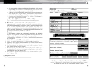 106 107
Programas de Escuela Sabática 2016Unión Mexicana de Chiapas
Asociación/Misión:					Distrito: 	
Pastor de Distrito:					Iglesia/Grupo:	
Nombre del director de Escuela Sabática: 	
Semestre: 1º. Junio 20		 2º. Diciembre 20 Fecha de envío: 	
d.	 Sólo en el compartir podemos experimentar lo que realmente somos: hijos de
un mismo Padre, que construyó un hogar hermoso para todos, y que nos quiere
unidos como hermanos que se aman y se ayudan en todo.
e.	 El egoísmo no nos conduce a nada. Cuando somos egoístas, nos estamos ha-
ciendo un gran daño a nosotros mismos, porque cerramos nuestro corazón y
nuestra vida a la enorme alegría espiritual que produce compartir.
f.	 Compartir con los necesitados lo que Dios nos ha dado en abundancia, es lo
que Él espera. Versículo para memorizar
g.	 “No se olviden [...] de compartir con otros” (Hebreos 13:16).
Canto # __________________________________________________
3.	Primarios: “Los miembros de la familia de Dios trabajan juntos”.
	 La participación de la división de menores estará basada en la historia del Arca de
Noé, resaltando la importancia del trabajo en equipo y en familia. Usted necesitará
un arca a modo de rompecabezas, la base puede ser pintada en un pellón que se
colgara en frente y las piezas se irán sobreponiendo, las piezas pueden ser de foamy,
fieltro o cartoncillo. Serán 6 piezas y al colocarlas cada primario dirá una frase. Para
que participen todos pueden pasar de 2 en 2 o de 3 en 3.
	Desarrollo:
	 Un niño o niña de la división hará la presentación: muy buenos días apreciados
hermanos, en este trimestre aprendimos acerca de la importancia de ayudar y de
trabajar en equipo. Compartiremos con ustedes nuestro aprendizaje.
	 Comienzan a pasar los primarios con las piezas y dirán una frase al pegar la pieza
del rompecabezas.
a.	 Los miembros de la familia de Dios trabajan juntos.
b.	 Dios le dio una tarea especial a Noé y a su familia para que la cumplieran.
c.	 Y trabajaron juntos cuidando de su hogar flotante y de todas las criaturas que Dios
había puesto bajo su cuidado.
d.	 Dios todavía necesita que trabajemos juntos como familia de creyentes. Nuestras
casas, escuelas e iglesias necesitan cuidados.
e.	 Mostramos nuestro amor a Dios cuando terminamos alegremente el trabajo que se
nos da para hacer. No siempre es divertido, pero es importante en el plan de Dios.
Vamos a trabajar juntos para hacer su obra.
f.	 Dios nos dice: “Luchando todos juntos por la fe que procede del mensaje de salva-
ción” (Filipenses 1:27).
G. Todos juntos cantan:
Canto#______________________________________
Adultos 36 -
Jóvenes Adultos 19 - 35
Jóvenes 16 - 18
Intermedios 13 - 15
Menores 10 - 12
Primarios 6 - 9
Jardín de Infantes 3 - 5
Cuna 0 - 2
División de Extensión
TOTAL
ESCUELA SABÁTICA
Programas de Adiestramiento a Líderes de Grupos Pequeños
Concilios de Escuela Sabática
Estudio diario (promedio)
Escuelas Sabáticas Fililales
Cuna	 Infantes Primarios Menores Intermedios
Divisiones Infantiles
Cantidad de Folletos de la Escuela Sabática Cant. _______
Adultos	 Niños
	
Núm.	 Miembros
Concepto Número
ESCUELA SABÁTICA Y ACTIVIDADES
Nota: Este formato de informe debe ser llenado al terminar el semestre, (Junio /2016)
y enviarlo al departamento de Escuela Sabática de la Asociación/Misión a travez del pastor
del Distrito a mas tardar cinco días después de haber concluido el semestre.
Concepto Miembros de
Escuela Sabática
Asistencia
 