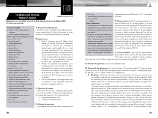 120 121
Programas de Escuela Sabática 2016Unión Mexicana de Chiapas
Adaptado del Libro “Nueva Vida, Volumen II, pp. 22-28, Departamento de Escuela Sabática UMCH,
Ptr. Salomón García González
HERENCIA DE JEHOVÁ
SON LOS NIÑOS
Sábado 30 de Julio 2016
Culto Matutino RYR
•	 8:20 am – 8:45 am. Reavivamiento
	 y Reforma
•	 8:45 am – 09:00 am Minutos previos
 Orden y duración del Programa de E.S.
Sección I - 09:00 – 9:40
•	 Ejercicio de canto.
•	 Himno congregacional.
•	 Bienvenida.
•	 Lectura bíblica.
•	 Oración de apertura.
•	 Introducción al programa.
•	 Marcando el rumbo.
•	 Relato misionero.
•	 Especiales.
•	 Director de Esc. Sab. y Secretario.
•	 Informe de Tabla Comparativa de
	 Esc. Sabática.
 Sección II - 09:40 – 10:05
•	 Anciano Coordinador introduce el
	 tiempo asignado a los GP con una oración.
•	 Bienvenida de confraternidad: Líder
•	 Registro Devoción personal: Líder
•	 Informe de Trabajo Misionero: Líder
•	 Testimonios de Evangelización:
	 (Cada miembro de GP, (según el tiempo).
•	 Lectura de Gema de Salud
	 (Libro guía para líderes) Líder o asistente.
•	 Promoción de actividades varias:
	 Líder o asistentes.
•	 Promoción de reunión de miércoles:
	 Líder o asistente.
 10:05 - 10:35
•	 Repaso de la lección: Cada líder
A. Propósito del Programa:
Reafirmar en los miembros de la iglesia las pro-
mesas maravillosas de Dios de llevarnos al cielo,
un lugar de indescriptible belleza y felicidad.
B.Sugerencias:
1.	 Para el programa general: Deben hasta
donde sea posible decorar la plataforma
con objetos o láminas que muestren la
ciudad santa, cúpulas, calles de oro y mar
de cristal. Apocalipsis 21 nos muestra dos
puertas blancas perladas con goznes dora-
dos, por donde entrarán los redimidos a la
“Santa Ciudad. Sobre las puertas colocar
un letrero con letras plateadas o doradas
en que se lea; “Vacaciones en el cielo”.
2.	 Música: Si la iglesia tiene pianista, si no
consiga la música instrumental de la “Mar-
cha nupcial” y se toque, mientras una dama
vestida de novia marcha hacia delante des-
de la entrada de la iglesia. Todos los otros
participantes del programa que se vistan
de blanco.
3.	 Otros Participantes: Sería importante que
se incluyan en este programa a niños de
primarios y algunos menores.
C. Ejercicio de canto:
Nos espera una corona, y un lugar a lado de Cris-
to en el trono de Dios. Toda una vida de alabanza
al Creador del universo y al Cordero de Dios.
1.	 Cantemos el himno #171.	
2.	 Cantemos el himno #158.
D. Himno de apertura:
Los mismos directores de cantos entonan con la
10:35- 10:40
•	 Agradecimientos y clausura por el Dir. de
Escuela Sabática.
a. Oración
Notas Importantes:
•	 Cada programa debe adaptarse al tiempo
asignado durante la 1ª. Sección y debiera
ser practicado durante varias veces previa
presentación.
•	 El director de la Escuela Sabática no se
ausentará de los programas sin motivos.
Deben velar porque todo se desarrolle de
acuerdo a lo recomendado.
•	 Testimonios de evangelización: Es cuando
cadamiembrosegúndispongandeltiempo
cuente a los otros miembros de qué mane-
ra ha compartido el evangelio durante las
semana. Esto debe hacerse cada sábado.  
congregación de pie el Himno #178 “Contemple
la Gloria”.
E. Bienvenida:(Estando la congregación de pie
pasa el director de la Escuela Sabática y da una
calurosa bienvenida agregando la siguiente lectu-
ra:) “Vino entonces a mí uno de los siete ángeles
que tenían las siete copas llenas de las siete plagas
postreras, y habló conmigo, diciendo: Ven acá, yo
te mostraré la desposada, la esposa del Cordero. Y
me llevó en el Espíritu a un monte grande y alto, y
me mostró la gran ciudad santa de Jerusalén, que
descendía del cielo, de Dios, teniendo la gloria de
Dios. Y su fulgor era semejante al de una piedra
preciosísima, como piedra de jaspe, diáfana como
el cristal” (Apocalipsis 21:9-11).
F. Lectura bíblica: (Uno de los participantes
desde dentro de las puertas lee Apocalipsis 22:2)
“Y yo Juan vi la santa ciudad, la nueva Jerusalén,
descender del cielo, de Dios, dispuesta como una esposa ataviada para su marido”.
G. Oración de apertura: (Uno de los redimidos ora).
H. Desarrollo del programa: Se toca la musica; “La marcha nupcial” Entra una dama
vestida de novia, le siguen los otros participantes vestidos de blanco. Entran por las puer-
tas del cielo, pero se hacen visibles a la congregación.
1.	 Redimido 1. (Aparece acostado como en una butaca). Hermanos, anoche tuve un
sueño lindo, soñé que me encontraba en la Santa Ciudad con los redimidos. Todo
era hermoso, oh pero que tristeza al despertarme y ver que todo era un sueño, que
todavía estaba en este mundo de tristeza y de dolor. Pero déjenme por favor rela-
tarles lo que vi en el cielo.
	 - Vi desde cuando los santos dormidos fueron llamados a la vida por voz inconfun-
dible de Cristo Jesús. Todos salieron de sus tumbas de igual estatura que cuando en
ellas fueron depositados, pero, por su poder fueron transformados de sus cuerpos
viles a la semejanza de su cuerpo glorioso. Los justos vivos fueron mudados “en
un momento, en un abrir y cerrar de ojos” y fueron glorificados. Todos fuimos
hechos inmortales “y arrebatados para recibir al Señor en el aire”, en un carro fui-
mos arrebatados hacia la Nueva Jerusalén. Antes de entrar, el Salvador nos confirió
emblemas de victoria, nos cubrió con las insignias de su dignidad real. Jesús colocó
sobre la cabeza de los vencedores la corona de gloria, que lleva su propio “nombre
nuevo” (Apoc. 2:17) y la inscripción; “Santidad a Jehová”. Todos recibieron la pal-
 