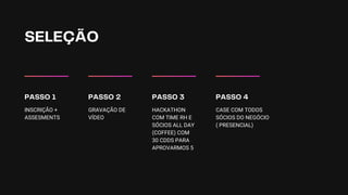 SELEÇÃO
INSCRIÇÃO +
ASSESMENTS
PASSO 1
GRAVAÇÃO DE
VÍDEO
PASSO 2
HACKATHON
COM TIME RH E
SÓCIOS ALL DAY
(COFFEE) COM
30 CDDS PARA
APROVARMOS 5
PASSO 3
CASE COM TODOS
SÓCIOS DO NEGÓCIO
( PRESENCIAL)
PASSO 4
 