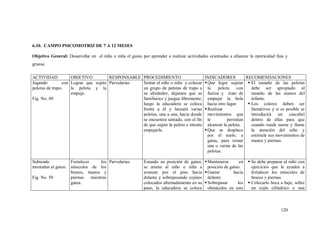 120
6.10. CAMPO PSICOMOTRIZ DE 7 A 12 MESES
Objetivo General: Desarrollar en el niño o niña el gusto por aprender a realizar actividades orientadas a afianzar la motricidad fina y
gruesa.
ACTIVIDAD OBJETIVO RESPONSABLE PROCEDIMIENTO INDICADORES RECOMENDACIONES
Jugando con
pelotas de trapo.
Fig. No. 49
Lograr que sujete
la pelota y la
empuje.
Parvularias Sentar al niño o niña y colocar
un grupo de pelotas de trapo a
su alrededor, dejamos que se
familiarice y juegue libremente,
luego la educadora se coloca
frente a él y lanzará varias
pelotas, una a una, hacia donde
se encuentra sentado, con el fin
de que sujete la pelota e intente
empujarla.
Que logre sujetar
la pelota con
fuerza y trate de
empujar la bola
hacia otro lugar.
Realizar
movimientos que
le permitan
alcanzar la pelota.
Que se desplace
por el suelo, a
gatas, para tomar
una o varias de las
pelotas.
 El tamaño de las pelotas
debe ser apropiado al
tamaño de las manos del
infante.
 Los colores deben ser
llamativos y si es posible se
introducirá un cascabel
dentro de ellas para que
cuando ruede suene y llame
la atención del niño y
estimule sus movimientos de
manos y piernas.
Subiendo
montañas al gateo.
Fig. No. 50
Fortalecer los
músculos de los
brazos, manos y
piernas mientras
gatea.
Parvularias Estando en posición de gateo,
se anima al niño o niña a
avanzar por el piso hacia
delante y sobrepasando cojines
colocados alternadamente en su
paso, la educadora se coloca
Mantenerse en
posición de gateo.
Gatear hacia
delante.
Sobrepasar los
obstáculos en este
 Se debe preparar al niño con
ejercicios que le ayuden a
fortalecer los músculos de
brazos y piernas.
 Colocarlo boca a bajo, sobre
un cojín cilíndrico o una
 