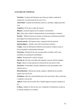clx
GLOSARIO DE TERMINOS
Nutrición.- Conjunto de fenómenos que tienen por objeto, mediante la
asimilación, la conservación de los seres vivos.
Afectividad.- Conjunto de fenómenos afectivos, inclinado a alguna persona o
cosa.
Cognitivo.- De lo que es capaz de conocer.
Bloques.- (locución figurativa) En conjunto, sin distinción.
Ejes.- Idea, tema u objetivo fundamental de un razonamiento o conducta.
Período.- Mínimo intervalo de tiempo, invertido por un fenómeno periódico
para adquirir las mismas posiciones o valores.
Sensorio motriz.- Del aparato motor, conjunción del movimiento.
Epistemológico.- Estudio critico del conocimiento científico.
Campo.- Zona de información definid en una memoria. Espacio en que se
hace perceptible un determinado fenómeno.
Expresión.- Declaración de una cosa para darla a extender, todo lo que
manifiesta los sentimientos del hablante.
Lúdico.- Perteneciente o relativo al juego.
Párvulo, la.- De muy corta edad, niño pequeño, inocente, fácil de engañar.
Etapa.- Época o avance parcial en el desarrollo de una acción u obra.
Secuencia.- Continuidad, sucesión ordenada de cosas que guardan cierta
relación entre si.
Discriminación.- Sistema que tiende a separar o diferenciar las acciones,
separar una cosa de otra.
Preliminar.- Que sirve de preámbulo para trazar una materia. Que se antecede
o antepone a una acción.
Aplicar.- Poner una cosa sobre obra. Emplear alguna cosa para conseguir un
fin.
Evaluar.- Señalar el valor de una cosa. Comprobar el rendimiento escolar de
un alumno mediante un a reunión.
 