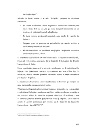 xvii
interinstitucional”3
.
Además en forma puntual el CEMEI “IPIALES” presenta las siguientes
debilidades:
 No cuenta, actualmente, con un programa de estimulación temprana para
niños y niñas de 0 a 2 años, ya que viene trabajando únicamente con las
secciones de Maternal, Integrado y Pre Básica.
 No tiene personal profesional capacitado para atender la sección de
lactantes.
 Tampoco posee un programa de estimulación que permita realizar y
ejecutar una planificación adecuada.
 El desconocimiento de actividades pedagógicas no permite desarrollar
destrezas en los niños y niñas.
Es importante hacer conocer al Centro Infantil desde su organización Estructural,
Funcional y Posicional, como parte de la Dirección de Educación del Distrito
Metropolitano de Quito.
En su organización estructural se encuentra conformado por la Administración
bajo procesos gobernantes: tres áreas operativas que son: área médica, área de
educación y área de servicios generales. Finalmente un área de apoyo conformada
por el comité de gestión.
La organización funcional da a conocer cada una de las funciones que cumplen las
áreas mencionadas en su estructura orgánica.
Y la organización posicional menciona a los cargos funcionales que corresponden
a: Administración la ejerce un director (a), el área médica, conforman un médico y
una enfermera: el área de educación integran 4 educadores y 3 auxiliares; el área
de servicios generales formada por personal cocina y limpieza. En el área del
comité de gestión conformada por personal de la Dirección de Educación
Metropolitana. Ver ANEXO “B”.
3
CD INTERACTIVO del Sistema Metropolitano de Educación.
 