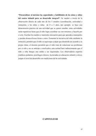 xl
“Potencializar al máximo las capacidades y habilidades de los ninos y niñas
del centro infantil para su desarrollo integral”: Se medirá a través de la
observación directa de cada uno de los 3 estadios (coordinación, curiosidad e
imitación), a los niños y niñas de 0 a 2 años, por ejemplo: se hace una
demostración practica de una actividad que se quiere enseñar, estas actividades
serán repetitivas hasta que el niño logre coordinar sus movimientos y hacerlo por
si solo. Facilitar los medios y materiales necesarios para que aprenda a manejarlos
y puedan desenvolverse frente a estos. Fomentar la iniciativa del niño mediante la
imitación, permitir que el niño se equivoque y dejar que desarrolle de acuerdo a su
propio ritmo, el docente permitirá que el niño trate de solucionar sus problemas
por si solo y no se anticipe a resolverlos; esta actitud hará indirectamente que el
niño o niña busque una salida a sus inquietudes. Los observadores expertos
(médicos pediatras, psicólogos clínicos, licenciadas en educación infantil y otros),
juzgan el nivel de desarrollo con mediciones de las actividades.
CAPITULO III
 