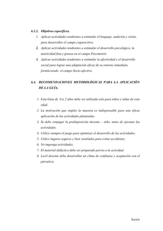 lxxxix
6.3.2. Objetivos específicos.
1. Aplicar actividades tendientes a estimular el lenguaje, audición y visión,
para desarrollar el campo cognoscitivo.
2. Aplicar actividades tendientes a estimular el desarrollo psicológico, la
motricidad fina y gruesa en el campo Psicomotriz
3. Aplicar actividades tendientes a estimular la afectividad y el desarrollo
social para lograr una adaptación eficaz de su entorno inmediato,
fortaleciendo el campo Socio-afectivo.
6.4. RECOMENDACIONES METODOLÓGICAS PARA LA APLICACIÓN
DE LA GUÍA.
1. Esta Guía de 0 a 2 años debe ser utilizada solo para niños y niñas de esta
edad.
2. La motivación que emplee la maestra es indispensable para una eficaz
aplicación de las actividades planteadas.
3. Se debe conjugar la predisposición docente – niño, antes de ejecutar las
actividades.
4. Utilice siempre el juego para optimizar el desarrollo de las actividades.
5. Utilice lugares seguros y bien ventilados para evitar accidentes.
6. No imponga actividades.
7. El material didáctico debe ser preparado previo a la actividad.
8. La/el docente debe desarrollar un clima de confianza y aceptación con el
párvulo/a.
 