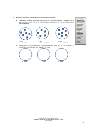 5.   Resuelven problemas acerca de las siguientes identificaciones:
                                                                                                   Actividad 5
     a)   Observan la cantidad de cubos que hay en los círculos siguientes. Completan con el       Representar
                                                                                                   Elegir y utilizar
          lugar que tiene cada uno de los círculos siguientes, de acuerdo a la cantidad de cubos
                                                                                                   representacion
          que hay en ellos.                                                                        es pictóricas y
                                                                                                   simbólicas
                                                                                                   para
                                                                                                   representar
                                                                                                   enunciado
                                                                                                   (OA i)
                                                                                                   Resolver
                                                                                                   problemas.
                                                                                                   Comprobar
                                                                                                   enunciados,
                                                                                                   usando
                                                                                                   material
                                                                                                   concreto y
          Lugar______                    Lugar   ______                   Lugar   ______           gráfico
                                                                                                   (OA b).

     b)   Dibujan en los círculos estrellas, cuya cantidad está entre 3 y 10, de acuerdo a la
          posición que está indicada bajo cada uno de ellos.




               2 do lugar                   1er lugar                     3er lugar




                                         Unidad de Currículum y Evaluación
                                 Programa de Estudio de Matemática - Primero Básico
                                                    Marzo 2012
                                                                                                               50
 