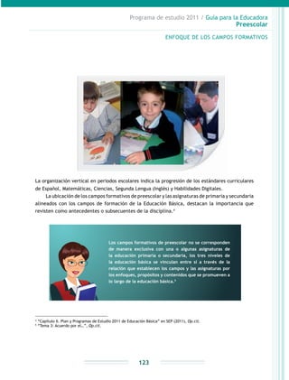 Programa de estudio 2011 / Guía para la Educadora
Preescolar
123
La organización vertical en periodos escolares indica la progresión de los estándares curriculares
de Español, Matemáticas, Ciencias, Segunda Lengua (Inglés) y Habilidades Digitales.
La ubicación de los campos formativos de preescolar y las asignaturas de primaria y secundaria
alineados con los campos de formación de la Educación Básica, destacan la importancia que
revisten como antecedentes o subsecuentes de la disciplina.4
4
“Capítulo II. Plan y Programas de Estudio 2011 de Educación Básica” en SEP (2011), Op.cit.
5
“Tema 3: Acuerdo por el…”, Op.cit.
ENFOQUE DE LOS CAMPOS FORMATIVOS
Los campos formativos de preescolar no se corresponden
de manera exclusiva con una o algunas asignaturas de
la educación primaria o secundaria, los tres niveles de
la educación básica se vinculan entre sí a través de la
relación que establecen los campos y las asignaturas por
los enfoques, propósitos y contenidos que se promueven a
lo largo de la educación básica.5
 