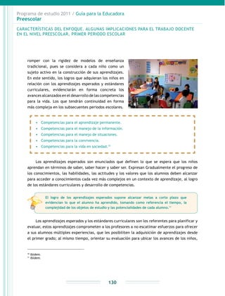 Programa de estudio 2011 / Guía para la Educadora
Preescolar
130
romper con la rigidez de modelos de enseñanza
tradicional, pues se considera a cada niño como un
sujeto activo en la construcción de sus aprendizajes.
En este sentido, los logros que adquieran los niños en
relación con los aprendizajes esperados y estándares
curriculares, evidenciarán en forma concreta los
avances alcanzados en el desarrollo de las competencias
para la vida. Los que tendrán continuidad en forma
más compleja en los subsecuentes periodos escolares.
Los aprendizajes esperados son enunciados que definen lo que se espera que los niños
aprendan en términos de saber, saber hacer y saber ser. Expresan Gradualmente el progreso de
los conocimientos, las habilidades, las actitudes y los valores que los alumnos deben alcanzar
para acceder a conocimientos cada vez más complejos en un contexto de aprendizaje, al logro
de los estándares curriculares y desarrollo de competencias.
Los aprendizajes esperados y los estándares curriculares son los referentes para planificar y
evaluar, estos aprendizajes comprometen a los profesores a no escatimar esfuerzos para ofrecer
a sus alumnos múltiples experiencias, que les posibiliten la adquisición de aprendizajes desde
el primer grado; al mismo tiempo, orientar su evaluación para ubicar los avances de los niños,
10
Ibídem.
11
Ibídem.
CARACTERÍSTICAS DEL ENFOQUE. ALGUNAS IMPLICACIONES PARA EL TRABAJO DOCENTE
EN EL NIVEL PREESCOLAR, PRIMER PERIODO ESCOLAR
•	 Competencias para el aprendizaje permanente.
•	 Competencias para el manejo de la información.
•	 Competencias para el manejo de situaciones.
•	 Competencias para la convivencia.
•	 Competencias para la vida en sociedad.10
El logro de los aprendizajes esperados supone alcanzar metas a corto plazo que
evidencian lo que el alumno ha aprendido, tomando como referencia el tiempo, la
complejidad de los objetos de estudio y las potencialidades de cada alumno.11
 