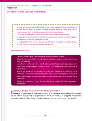 Programa de estudio 2011 / Guía para la Educadora
Preescolar
182
¿Para qué se evalúa?
¿Quiénes participan en la evaluación de los aprendizajes?
Para evaluar el aprendizaje de los alumnos es importante considerar las opiniones y aportaciones
de los actores involucrados en el proceso: los niños, el docente, el colegiado de docentes
(incluidos educación física, música, inglés, educación especial, entre otros) y las familias.
•	 La intervención docente: la identificación de rasgos (la planificación, las formas de
relación con los niños, el trabajo colaborativo entre docentes, entre otras) que la
caracteriza por ser o no facilitadora de ambientes de aprendizaje.
•	 Las formas de organización del grupo en relación con los tipos de activades.
•	 La organización y el funcionamiento de la escuela, el aprovechamiento del tiempo para
privilegiar las actividades para el aprendizaje.
•	 La participación de las familias, en activides educativas para apoyar a sus hijos (lectura
en casa, reforzar prácticas del lenguaje, entre otras.
•	 Estimar y valorar logros y dificultades de aprendizaje de los alumnos.
•	 Valorar los aciertos en la intervención educativa y la necesidad de transformación de las
prácticas docentes.
•	 Identificar la pertinencia de la planificación, el diseño de estrategias y situaciones
de aprendizaje desplegadas, para adecuarlas a las necesidades de aprendizaje de
los alumnos.
•	 Mejorar los ambientes de aprendizaje en el aula, formas de organización de las
actividades, relaciones que se establecen en el grupo, la organización de los espacios,
aprovechamiento de los materiales didácticos, aprovechamiento de la jornada diaria,
entre otros.
•	 Conocer si la selección y orden de contenidos de aprendizaje fueron los adecuados y
pertinentes.
EVALUACIÓN PARA EL LOGRO DE APRENDIZAJES
 