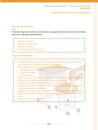 Programa de estudio 2011 / Guía para la Educadora
Preescolar
199
Desarrollo de la situación.
Inicio
El docente organiza a los niños en semicírculo y les propone conversar acerca de sus familias a
partir de los siguientes planteamientos:
Secuencias de actividades
EJEMPLOS DE SITUACIONES DE APRENDIZAJE
•	 ¿Qué es una familia?
•	 ¿Con qué familiares vives?
•	 ¿Cómo es tu familia?
•	 ¿Qué actividades realizan juntos?
•	 Se recomienda organizar a los niños en pequeños equipos y solicitar que cada uno muestre
a sus compañeros las fotografías o dibujos de sus familiares.
•	 Solicita que haga una descripción con el apoyo de preguntas como:
-- ¿Quiénes están en la fotografía?
-- ¿Qué están haciendo?
-- ¿En dónde están?
•	 Solicita a los niños intercambiar sus comentarios acerca de las características de sus
familias, identificando semejanzas y diferencias entre unas y otras.
•	 Visitan algunas casas de los alumnos del grupo, que vivan cerca de la escuela.
•	 Al regresar de la visita, en la escuela, el docente propicia el intercambio de información
enfatizando semejanzas y diferencias.
•	 Elaboran un mural sobre “Cómo es mi familia” con las fotografías o dibujos, también se
pueden incluir mensajes cortos que les gustaría transmitir con sus compañeros de otros
grupos.
•	 Colocar el mural en un lugar visible.
 