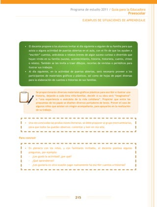 Programa de estudio 2011 / Guía para la Educadora
Preescolar
215
Para concluir
EJEMPLOS DE SITUACIONES DE APRENDIZAJE
Se proporcionarán diversos materiales gráficos plásticos para escribir e ilustrar una
historia, dejando a cada bina niño-familiar, decidir si su obra será “imaginativa”
o “una experiencia o anécdota de la vida cotidiana”. Propiciar que entre las
propuestas de los papás se diseñen diversos portadores de texto. Prever el caso de
algunos niños que asistan sin ningún acompañante, para apoyarlos en la realización
de su trabajo.
•	 Una vez concluidas las producciones literarias, se debe proponer al grupo intercambiarlas,
para que todos las puedan observar, comentar y leer en voz alta.
•	 En plenaria con los niños, y con familiares invitados, el docente plantea algunas
preguntas, por ejemplo:
-- ¿Les gustó la actividad? ¿por qué?
-- ¿Qué aprendieron?
-- ¿Les gustaría en otra ocasión jugar nuevamente ha escribir cuentos o historias?
•	 	El docente propone a los alumnos invitar al día siguiente a alguien de su familia para que
asista a alguna actividad de puertas abiertas en el aula, con el fin de que los ayuden a
“escribir” cuentos, anécdotas o relatos breves de algún suceso curioso o divertido que
hayan vivido en su familia (suceso, acontecimiento, historia, historieta, cuento, chiste
o relato). También se les invita a traer dibujos, recortes de revistas o periódicos para
ilustrar sus trabajos.
•	 	Al día siguiente, en la actividad de puertas abiertas, será necesario proveer a los
participantes de materiales gráficos y plásticos, así como de hojas de papel diversas
para la elaboración de cuentos o historias de sus familias.
 