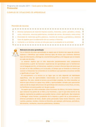 Programa de estudio 2011 / Guía para la Educadora
Preescolar
216
Previsión de recursos
EJEMPLOS DE SITUACIONES DE APRENDIZAJE
Relevancia de estos aprendizajes
Con el dominio de estos aprendizajes se espera que el alumno sea capaz de conocer,
explorar e identificar que existen diversos tipos de textos que contienen distintos
tipos de información y distinga las características gráficas y de lenguaje que se emplea
en cada uno de ellos.
	Lo anterior implica que el niño desarrolle paulatinamente esta competencia
comunicativa a partir de favorecer experiencias de aprendizaje que lo familiaricen
con el lenguaje escrito, al interactuar, explorar y conocer diversos tipos de textos que
se usan en la vida cotidiana y en la escuela, al tiempo que se fomente su interés por
conocer e interpretar los contenidos en la medida en que aprende a encontrar sentido
y significado a lo que “lee”.
	 El acercamiento a la lectura es un logro que no sólo depende de habilidades
específicas, sino de oportunidades relacionadas con el desarrollo y los avances
cognitivos. Por esto, siendo la lectura una actividad compleja, los niños necesitan un
entorno que ofrezca un apoyo muy sólido y oportunidades variadas para aprovechar
cada una de las etapas del proceso de aprendizaje de la lectura y la escritura, en esto,
los familiares cercanos pueden ser de gran ayuda.
	 Se espera que los niños entiendan cómo funcionan los libros y los textos impresos,
que conozcan las partes de un libro y sus funciones, y que lo que está escrito en las
páginas representa las palabras que pueden leerse y tener significado. Que empiecen
a distinguir varias formas y propósitos de lo impreso a partir de su acercamiento a
diversos portadores de texto, desde cartas personales hasta textos literarios, como
cuentos, poemas, novelas, o textos no literarios, por ejemplo; adivinanzas, periódicos,
diccionarios, recetarios, anuncios publicitarios, etcétera.
•	 Diversos ejemplares de material impreso (cuento, historieta, cartel, periódico, revista,
carta, instructivo, anuncios publicitarios, recetario de cocina, diccionario, entre otros).
•	 Diversidad de materiales grafico plásticos, recortes de revistas y periódicos y distintos
tipos de papeles para la elaboración de sus cuentos o historias.
•	 Invitación a un familiar cercano al niño para que lo acompañe en la actividad.
 