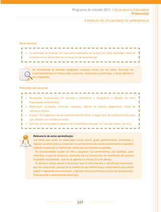 Programa de estudio 2011 / Guía para la Educadora
Preescolar
227
Previsión de recursos
Para concluir
EJEMPLOS DE SITUACIONES DE APRENDIZAJE
Relevancia de estos aprendizajes
Los niños que están en edad para cursar tercer grado generalmente comienzan a
regular sus emociones y a expresar sus sentimientos de manera socialmente aceptable;
también empiezan a interiorizar conductas socialmente aceptadas.
	 Es recomendable ayudar al niño a expresar sus sentimientos con palabras, para
contribuir a que la conducta, producto de sus emociones, se manifieste de manera
aceptable socialmente, que no se agreda a sí mismo ni a los demás.
	 El docente estará atento a favorecer que el niño exprese e identifique emociones,
que las comprenda, porque en la medida en que identifique y comprenda lo que siente
podrá ir regulando sus emociones, y de esta manera enfrentará mejor las decepciones,
frustraciones y sentimientos dolorosos.
Se recomienda al docente establecer contacto visual con los niños, formular los
cuestionamientos en forma clara y precisa, motivarlos a participar, y estar atentos a
sus respuestas.
•	 La actividad se finaliza con una breve asamblea en la que los niños expongan cómo se
sintieron en el desarrollo de la situación de aprendizaje.
•	 Recolectar ilustraciones de revistas y periódicos o fotografías o dibujos de niños
expresando sentimientos.
•	 Materiales: acuarelas, pinturas, crayones, lápices de colores, pegamento, hojas de
colores y tijeras.
•	 Cuento “El imaginario de los sentimientos de Félix” o algún otro de la Biblioteca Escolar
que aborde una temática similar.
•	 Solicitar en la escuela el espacio de la biblioteca escolar, en caso de contar con ella.
 