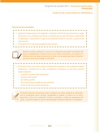Programa de estudio 2011 / Guía para la Educadora
Preescolar
231
EJEMPLOS DE SITUACIONES DE APRENDIZAJE
Durante la lectura utilizará un tono de voz adecuado para atraer la atención del
grupo y estableciendo contacto visual con los niños; al terminar, los invitará a la
reflexión sobre las ideas relevantes de lo leído, y la secuencia que fueron llevando,
para dar una estructura lógica y coherente.
El docente animará a los alumnos a que se expresen con ideas completas y coherentes,
con un vocabulario claro y preciso, ayudándolos a ordenar su relato con un inicio,
desarrollo y final en su narración; invitará a participar a todos los integrantes del
grupo, y pondrá cuidado en que el resto del grupo atienda el relato de su compañero.
•	 El docente invita a los niños a pasar al frente para compartir a sus compañeros alguna
experiencia o anécdota de su vida, invitándolos a enriquecer su narración, precisar
algunos aspectos:
-- ¿Cuándo te sucedió esta experiencia?
-- ¿Cuántos años tenías?
-- ¿En dónde sucedió?
-- ¿Con que personas estabas en ese momento?
-- ¿Cómo te sentiste en esos momentos?
•	 Explicará al grupo qué es una biografía, utilizando la definición que encuentre en algún
diccionario, si lo considera pertinente y constata que los alumnos hayan comprendido
el significado: “¿Entendieron lo que es una biografía? Ahora lo veremos, cuando les lea
esta historia”.
•	 El docente lee en voz alta la biografía seleccionada.
Secuencias de actividades
 
