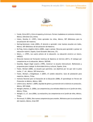 Programa de estudio 2011 / Guía para la Educadora
Preescolar
235
•	 Conde, Silvia (2011), Entre el espanto y la ternura. Formar ciudadanos en contextos violentos,
México, Ediciones Cal y Arena.
•	 Cohen, Dorothy H. (1997), Cómo aprenden los niños, México, SEP (Biblioteca para la
actualización del maestro).
•	 Darling-Hammond, Linda (2002), El derecho a aprender crear buenas escuelas ara todos,
México, SEP (Biblioteca de Actualización del Maestro).
•	 De Puig, Irene y Angélica Sátiro (2000), Jugar a pensar. Recursos para aprender a pensar en
educación infantil, España, Eumo-Octaedro (Recursos, 27).
•	 Delors, J. (1997), Los cuatro pilares de la educación. La educación encierra un tesoro,
UNESCO.
•	 Dirección General de Formación Continua de Maestros en Servicio (2011), El enfoque por
competencias en la educación, México, DGFCMS.
•	 Essomba, Miguel Ángel (coord.) (1999), Construir la escuela intercultural. Reflexiones y
propuestas para trabajar la diversidad étnica y cultural, España, Gráo.
•	 Fullan, Michael (2000), La escuela que queremos. Los objetivos por los que vale la pena
luchar, 2° ed., México, SEP/Amorrortu.
•	 Fullan, Michael y Stiegelbauer, S (2007), El cambio educativo. Guía de planeación para
maestros, México, Trillas.
•	 Instituto Nacional para la Evaluación de la Educación (2008), El aprendizaje en Tercero de
Preescolar en México, México, INEE.
•	 Leñero Llaca, Martha I. (2009), Equidad de género y prevención de la violencia en preescolar,
México, SEP/UNAM.
•	 Malagón y Montes, G. (2006), Las competencias y los métodos didácticos en el jardín de niños,
México, Trillas.
•	 Malagón, G. y E. Jara (2006), La evaluación y las competencias en el jardín de niños, México,
Trillas.
•	 Perrenoud, P. (2004), Diez nuevas competencias para enseñar, Biblioteca para la actualización
del maestro, México, Gráo/SEP.
Bibliografía
 