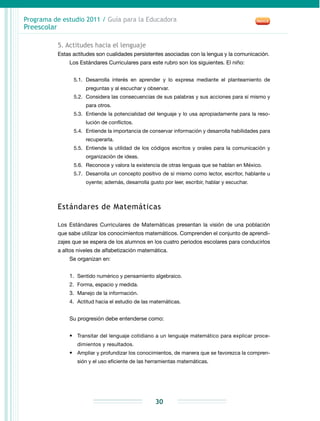 Programa de estudio 2011 / Guía para la Educadora
Preescolar
30
5. Actitudes hacia el lenguaje
Estas actitudes son cualidades persistentes asociadas con la lengua y la comunicación.
Los Estándares Curriculares para este rubro son los siguientes. El niño:
5.1.	Desarrolla interés en aprender y lo expresa mediante el planteamiento de
preguntas y al escuchar y observar.
5.2.	 Considera las consecuencias de sus palabras y sus acciones para sí mismo y
para otros.
5.3.	 Entiende la potencialidad del lenguaje y lo usa apropiadamente para la reso­
lución de conflictos.
5.4.	 Entiende la importancia de conservar información y desarrolla habilidades para
recuperarla.
5.5.	 Entiende la utilidad de los códigos escritos y orales para la comunicación y
organización de ideas.
5.6.	Reconoce y valora la existencia de otras lenguas que se hablan en México.
5.7.	 Desarrolla un concepto positivo de sí mismo como lector, escritor, hablante u
oyente; además, desarrolla gusto por leer, escribir, hablar y escuchar.
Estándares de Matemáticas
Los Estándares Curriculares de Matemáticas presentan la visión de una población
que sabe utilizar los conocimientos matemáticos. Comprenden el conjunto de aprendi-
zajes que se espera de los alumnos en los cuatro periodos escolares para conducirlos
a altos niveles de alfabetización matemática.
Se organizan en:
1.	 Sentido numérico y pensamiento algebraico.
2.	 Forma, espacio y medida.
3.	 Manejo de la información.
4.	 Actitud hacia el estudio de las matemáticas.
Su progresión debe entenderse como:
•	 Transitar del lenguaje cotidiano a un lenguaje matemático para explicar proce-
dimientos y resultados.
•	 Ampliar y profundizar los conocimientos, de manera que se favorezca la compren-
sión y el uso eficiente de las herramientas matemáticas.
 