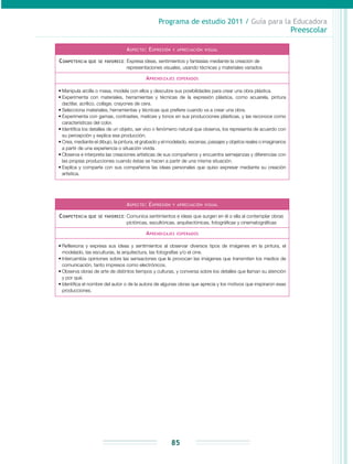 Programa de estudio 2011 / Guía para la Educadora
Preescolar
85
Aspecto: Expresión y apreciación visual
Competencia que se favorece: Expresa ideas, sentimientos y fantasías mediante la creación de
representaciones visuales, usando técnicas y materiales variados
Aprendizajes esperados
•	Manipula arcilla o masa, modela con ellos y descubre sus posibilidades para crear una obra plástica.
•	Experimenta con materiales, herramientas y técnicas de la expresión plástica, como acuarela, pintura
dactilar, acrílico, collage, crayones de cera.
•	Selecciona materiales, herramientas y técnicas que prefiere cuando va a crear una obra.
•	Experimenta con gamas, contrastes, matices y tonos en sus producciones plásticas, y las reconoce como
características del color.
•	Identifica los detalles de un objeto, ser vivo o fenómeno natural que observa, los representa de acuerdo con
su percepción y explica esa producción.
•	Crea, mediante el dibujo, la pintura, el grabado y el modelado, escenas, paisajes y objetos reales o imaginarios
a partir de una experiencia o situación vivida.
•	Observa e interpreta las creaciones artísticas de sus compañeros y encuentra semejanzas y diferencias con
las propias producciones cuando éstas se hacen a partir de una misma situación.
•	Explica y comparte con sus compañeros las ideas personales que quiso expresar mediante su creación
artística.
Aspecto: Expresión y apreciación visual
Competencia que se favorece: Comunica sentimientos e ideas que surgen en él o ella al contemplar obras
pictóricas, escultóricas, arquitectónicas, fotográficas y cinematográficas
Aprendizajes esperados
•	Reflexiona y expresa sus ideas y sentimientos al observar diversos tipos de imágenes en la pintura, el
modelado, las esculturas, la arquitectura, las fotografías y/o el cine.
•	Intercambia opiniones sobre las sensaciones que le provocan las imágenes que transmiten los medios de
comunicación, tanto impresos como electrónicos.
•	Observa obras de arte de distintos tiempos y culturas, y conversa sobre los detalles que llaman su atención
y por qué.
•	Identifica el nombre del autor o de la autora de algunas obras que aprecia y los motivos que inspiraron esas
producciones.
 