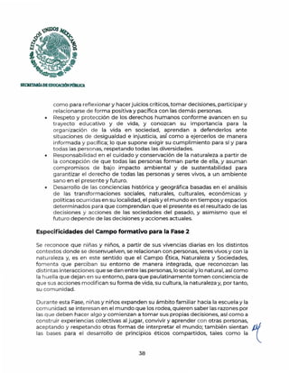 ~ os
~
{3
'a. ..~ ..
~~°;'~[~· "
~~
SECKETAlúADEIDUCA.CIÓNPlmUCA
como para reflexionar y hacer juicios críticos, tomar decisiones, participar y
relacionarse de forma positiva y pacífica con las demás personas.
• Respeto y protección de los derechos humanos conforme avancen en su
trayecto educativo y de vida, y conozcan su importancia para la
organización de la vida en sociedad, aprendan a defenderlos ante
situaciones de desigualdad e injusticia, así como a ejercerlos de manera
informada y pacífica; lo que supone exigir su cumplimiento para sí y para
todas las personas, respetando todas las diversidades.
• Responsabilidad en el cuidado y conservación de la naturaleza a partir de
la concepción de que todas las personas forman parte de ella, y asuman
compromisos de bajo impacto ambiental y de sustentabilidad para
garantizar el derecho de todas las personas y seres vivos, a un ambiente
sano en el presente y futuro.
• Desarrollo de las conciencias histórica y geográfica basadas en el análisis
de las transformaciones sociales, naturales, culturales, económicas y
políticas ocurridas en su localidad, el país y el mundo en tiempos y espacios
determinados para que comprendan que el presente es el resultado de las
decisiones y acciones de las sociedades del pasado, y asimismo que el
futuro depende de las decisiones y acciones actuales.
Especificidades del Campo formativo para la Fase 2
Se reconoce que niñas y niños, a partir de sus vivencias diarias en los distintos
contextos donde se desenvuelven, se relacionan con personas, seres vivos y con la
naturaleza y, es en este sentido que el Campo Ética, Naturaleza y Sociedades,
fomenta que perciban su entorno de manera integrada, que reconozcan las
distintas interacciones que se dan entre las personas, lo social y lo natural, así como
la huella que dejan en su entorno, para que paulatinamente tomen conciencia de
que sus acciones modifican su forma de vida, su cultura, la naturaleza y, por tanto,
su comunidad.
Durante esta Fase, niñas y niños expanden su ámbito familiar hacia la escuela y la
comunidad: se interesan en el mundo que los rodea, quieren saber las razones por
las que deben hacer algo y comienzan a tomar sus propias decisiones, así como a
construir experiencias colectivas al jugar, convivir y aprender con otras personas,
aceptando y respetando otras formas de interpretar el mundo; también sientan /J!/'
las bases para el desarrollo de principios éticos compartidos, tales como la ~
38
 