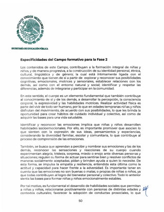 ;Ul)OS
t;
r.:J
'·.
,-~--
~~
SECRETAIÚADEEDUCACIÓNPmlLICA
Especificidades del Campo formativo para la Fase 2
Los contenidos de este Campo, contribuyen a la formación integral de niñas y
niños, y de manera progresiva, a la construcción de su identidad personal, étnica,
cultural, lingüística y de género; la cual está íntimamente ligada con el
conocimiento que tienen de sí a partir de explorar y reconocer sus posibilidades
cognitivas, emocionales, motrices y sensoriales, establecer relaciones con los
demás, así como con el entorno natural y social; identificar y respetar las
diferencias, además de integrarse y participar en la comunidad.
En este sentido, el cuerpo es un elemento fundamental que también contribuye
al conocimiento de sí y de los demás, a desarrollar la percepción, la consciencia
corporal, la expresividad y las habilidades motrices. Realizar actividad física es
parte del vivir de todo ser humano, por lo que en edades tempranas niñas y niños
disfrutan del movimiento, de acuerdo con sus posibilidades, lo que les brinda la
oportunidad para crear hábitos de cuidado individual y colectivo, así como de
adquirir las bases para una vida saludable.
Identificar y reconocer las emociones implica que ninas y nmos desarrollen
habilidades socioemocionales. Por ello, es importante promover que asocien lo
que sienten con la expresión de sus ideas, pensamientos y experiencias,
considerando la diversidad familiar, escolar y comunitaria, lo que contribuye al
proceso de comprensión de las emociones.
También, se busca que aprendan a percibir y nombrar sus emociones y las de los
demás, reconocer las sensaciones y reacciones de su cuerpo cuando
experimentan alegría, tristeza, sorpresa, miedo o enojo ante diversas personas y
situaciones; regulen su forma de actuar para sentirse bien y resolver conflictos de
maneras socialmente aceptadas; pidan y brinden ayuda a quien lo necesite. De
esta forma, se impulsa la empatía y resiliencia, entendida esta última como la
actitud y capacidad para hacer frente a la adversidad. Es importante tener en
cuenta que las emociones no son buenas o malas, o propias de niñas o niños, ya
que todas contribuyen al logro del bienestar personal y colectivo. Todo lo anterior
sienta las bases para formar niñas y niños emocionalmente estables.
Por tal motivo, es fundamental el desarrollo de habilidades sociales que permitan t
a niñas y niños, relacionarse positivamente con personas de distintas edades y
contextos culturales; favorecer la adopción de conductas prosociales, lo que
50
 